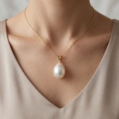 14K Yellow Gold Pearl Pendant Necklace, Diamond Accent, June Birthstone
