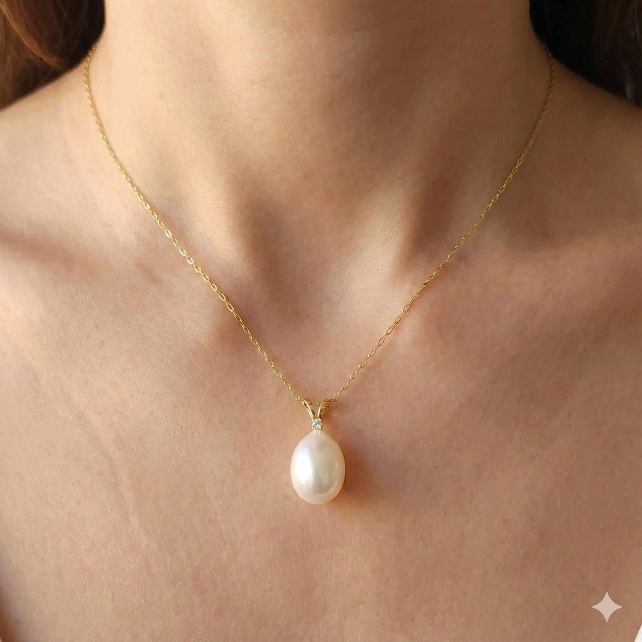 14K Yellow Gold Pearl Pendant Necklace, Diamond Accent, June Birthstone