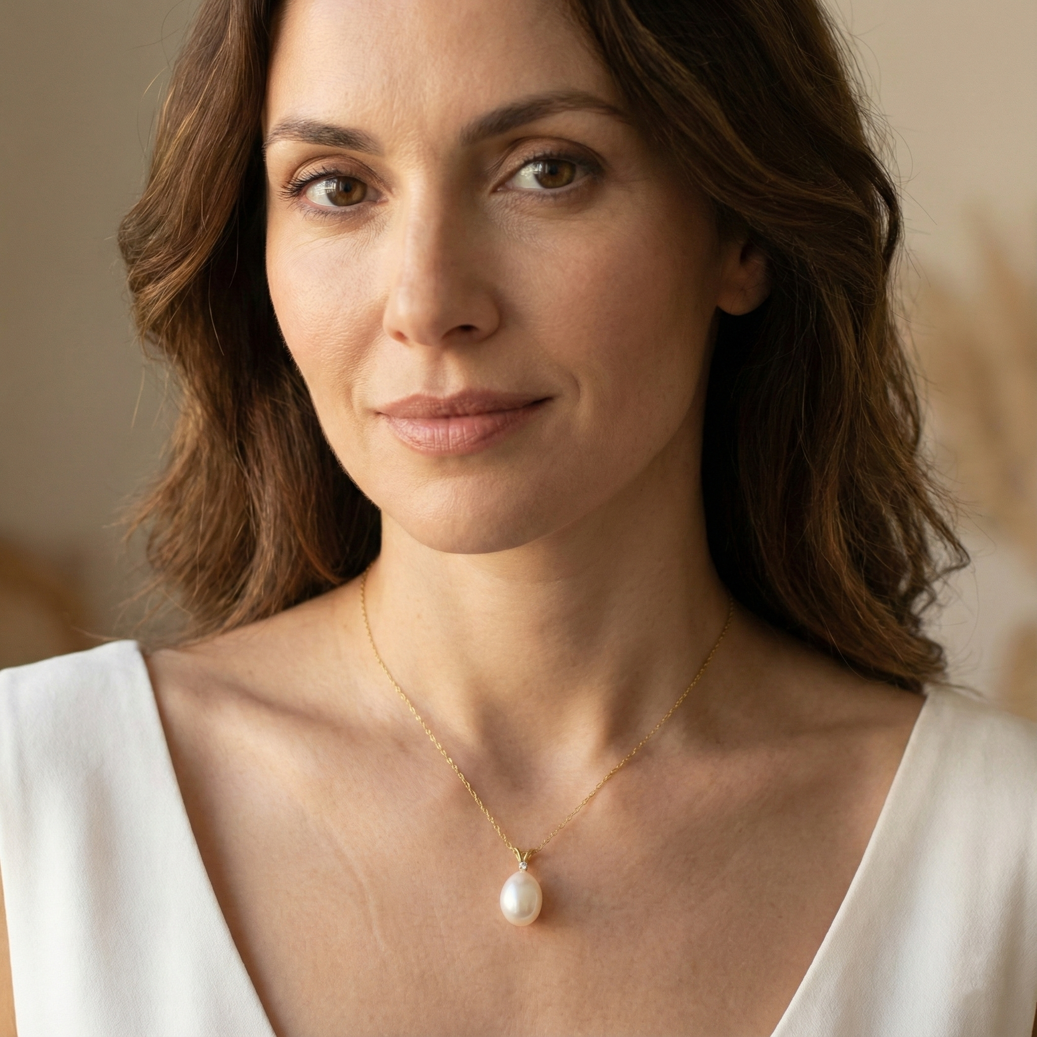 14K Yellow Gold Pearl Pendant Necklace, Diamond Accent, June Birthstone