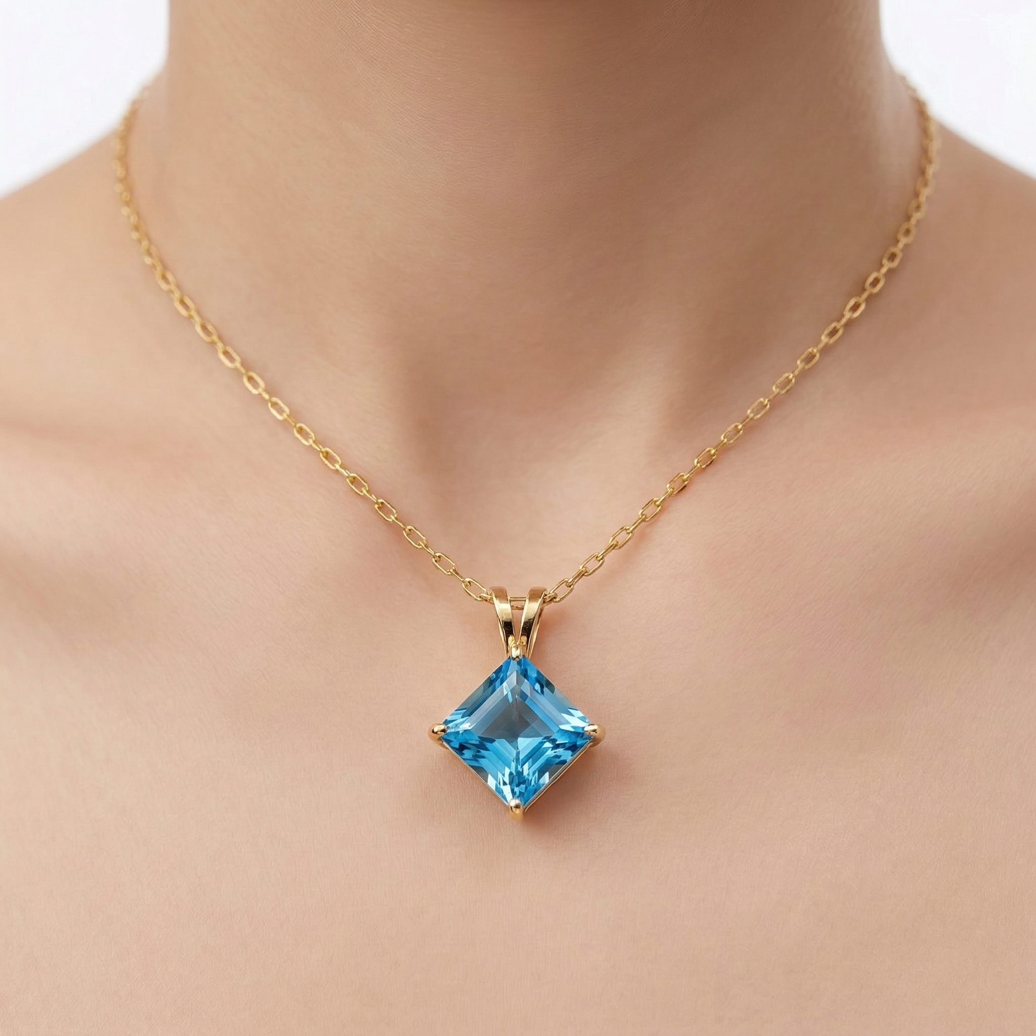 10K Yellow Gold Blue Topaz Pendant Necklace, Handmade, 6x6mm Square Gemstone Pendant