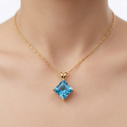 10K Yellow Gold Blue Topaz Pendant Necklace, Handmade, 6x6mm Square Gemstone Pendant