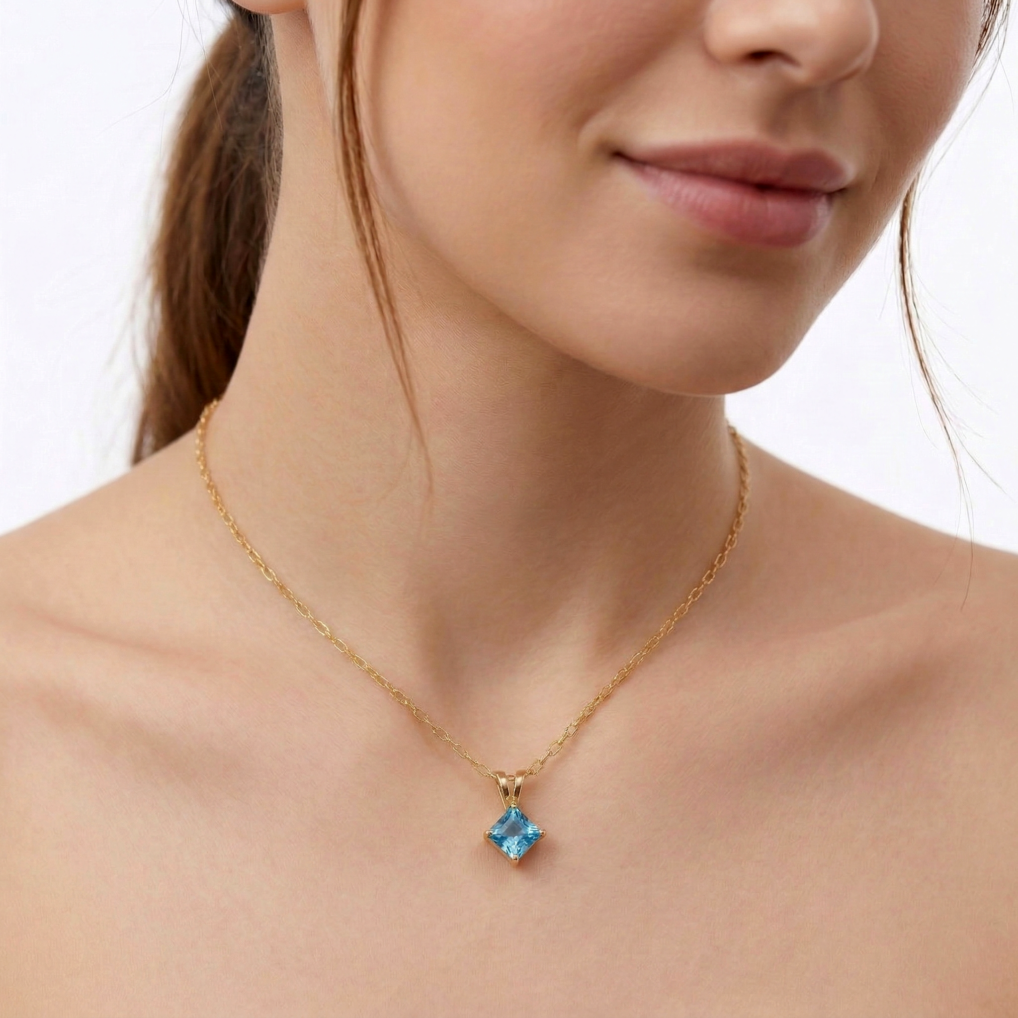 10K Yellow Gold Blue Topaz Pendant Necklace, Handmade, 6x6mm Square Gemstone Pendant