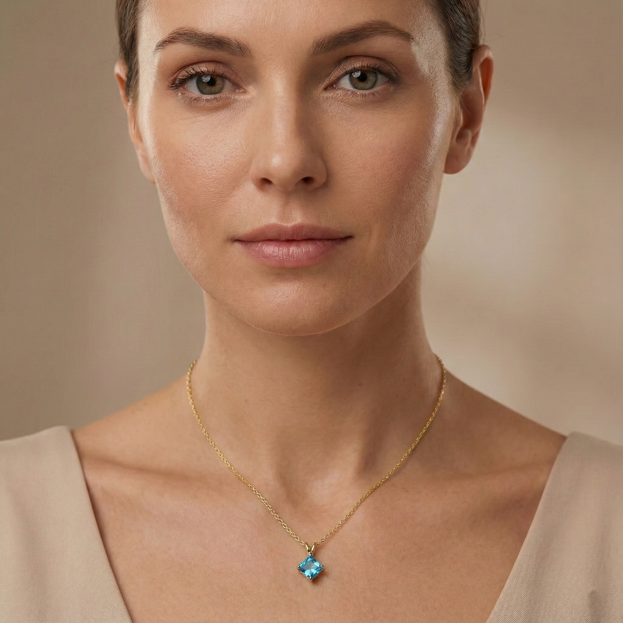 10K Yellow Gold Blue Topaz Pendant Necklace, Handmade, 6x6mm Square Gemstone Pendant