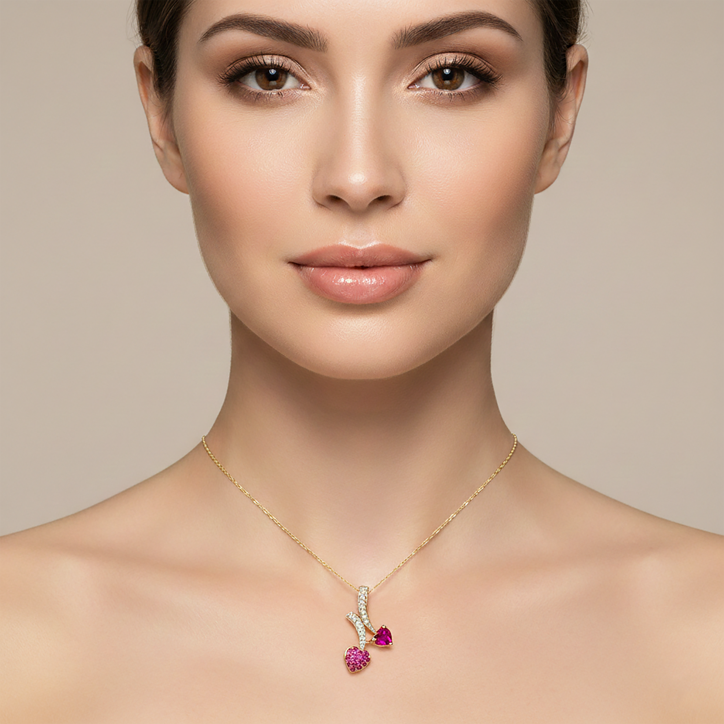 10K Gold Ruby Heart Pendant Necklace, White Sapphire Accent