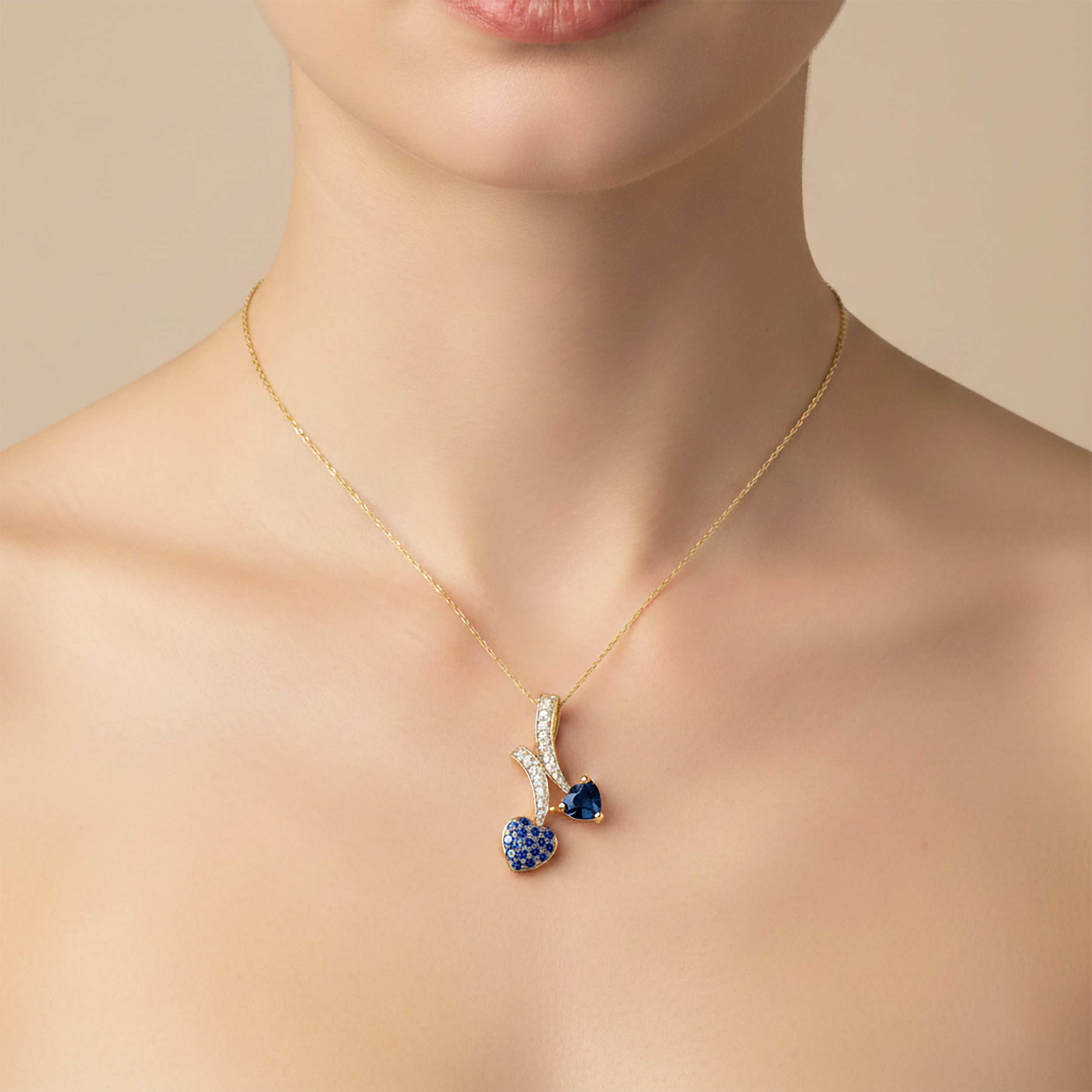 10K Yellow Gold Blue Sapphire Heart Pendant Necklace, September Birthstone Sapphire