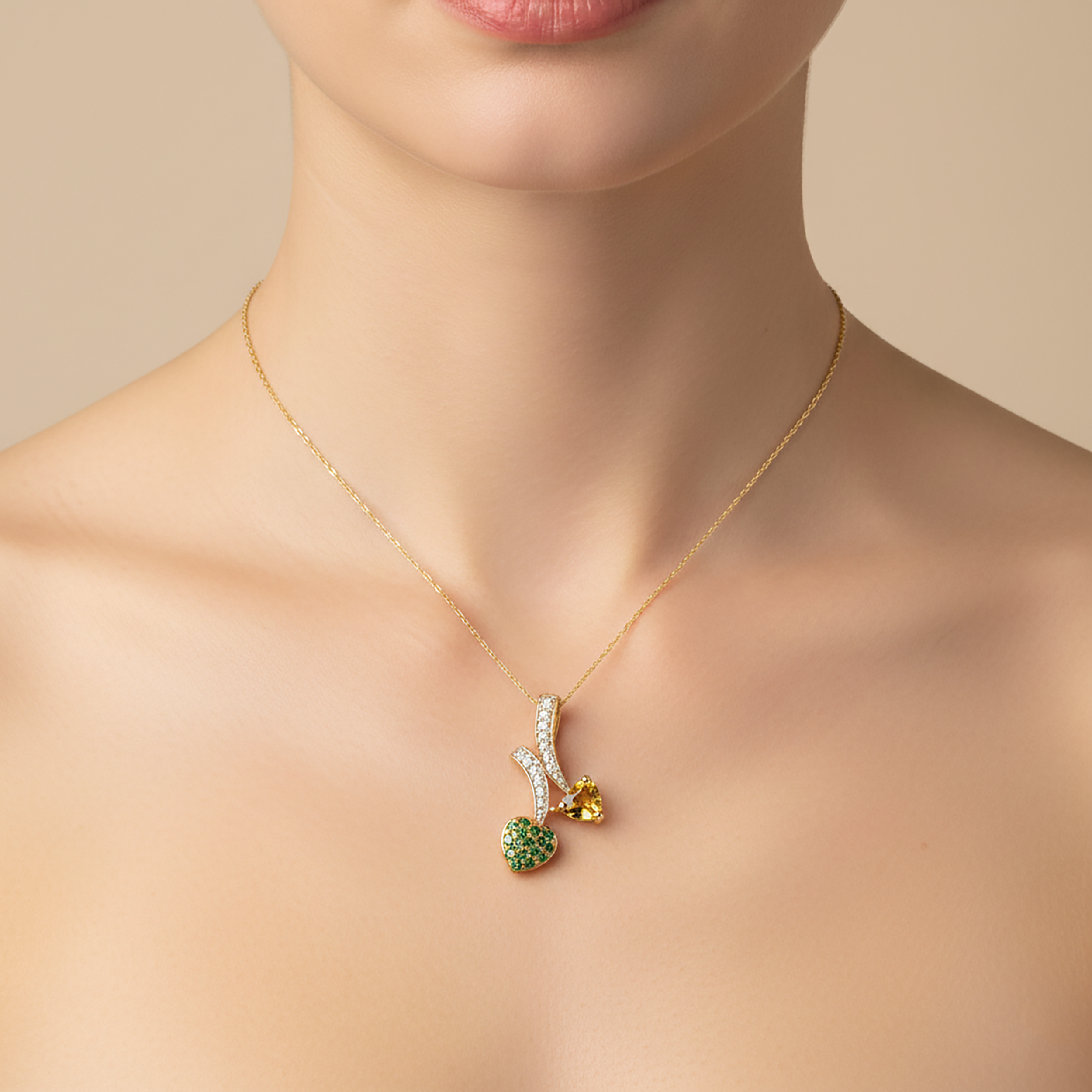 10K Gold Tsavorite Sapphire Heart Pendant | Yellow & White Sapphires