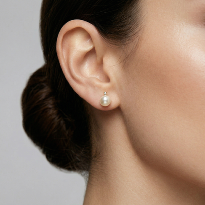 14K Gold Cultured Pearl Earrings with Diamond, June Birthstone
