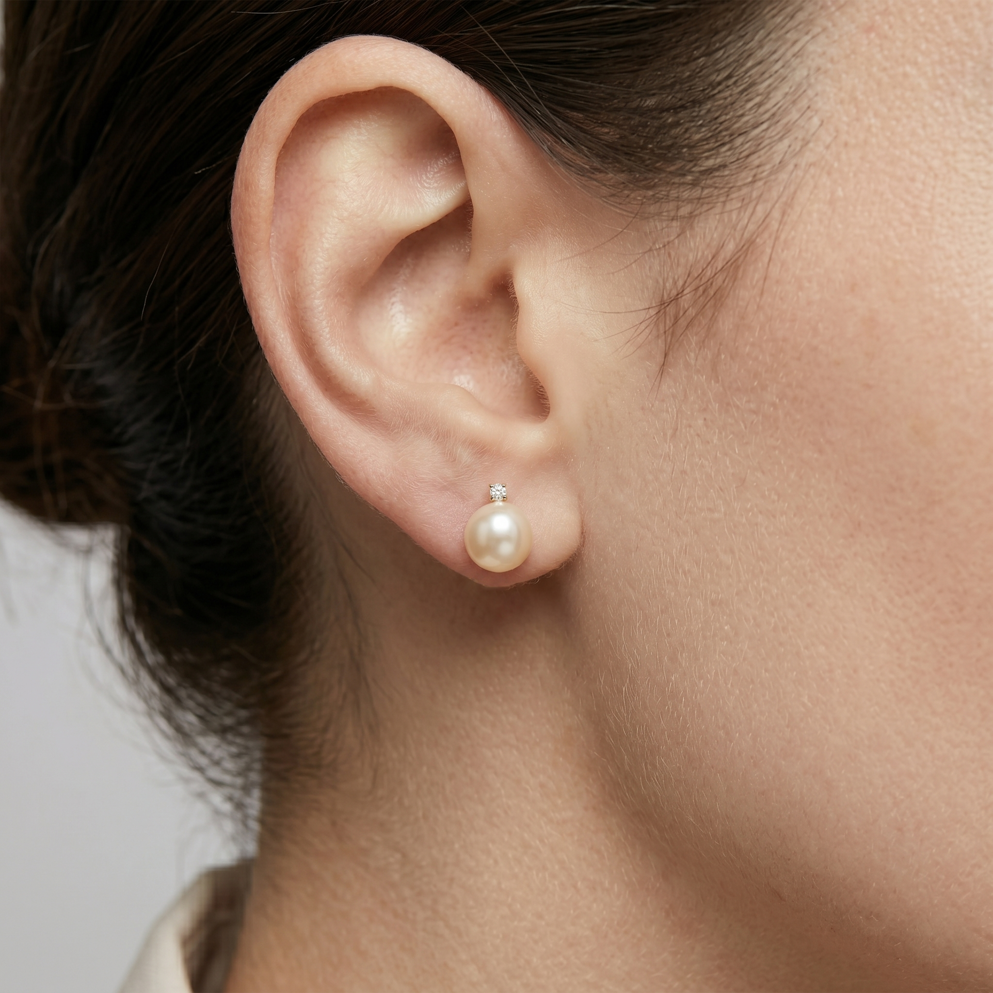 14K Gold Cultured Pearl Earrings with Diamond, June Birthstone