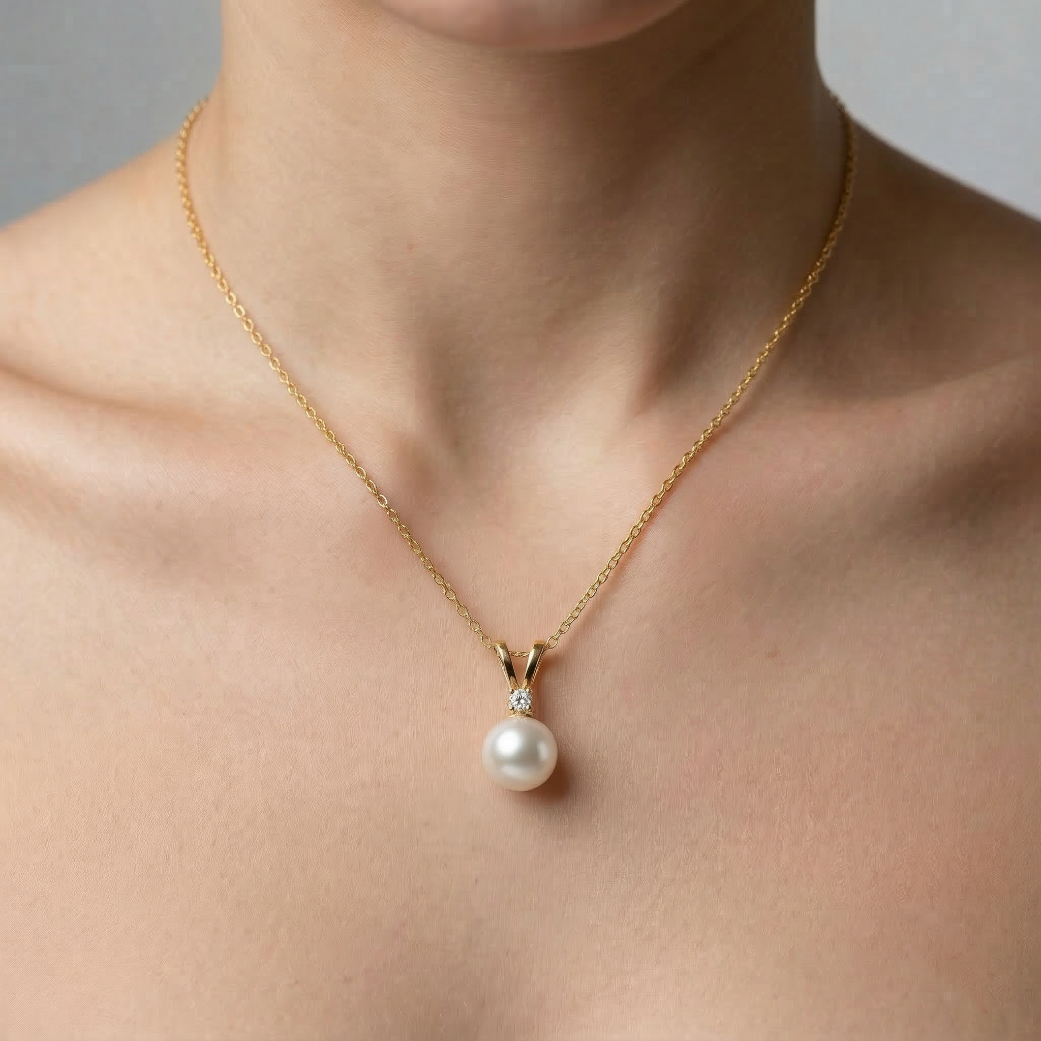 14K Gold Pearl Pendant Necklace, June Birthstone, Diamond Accent