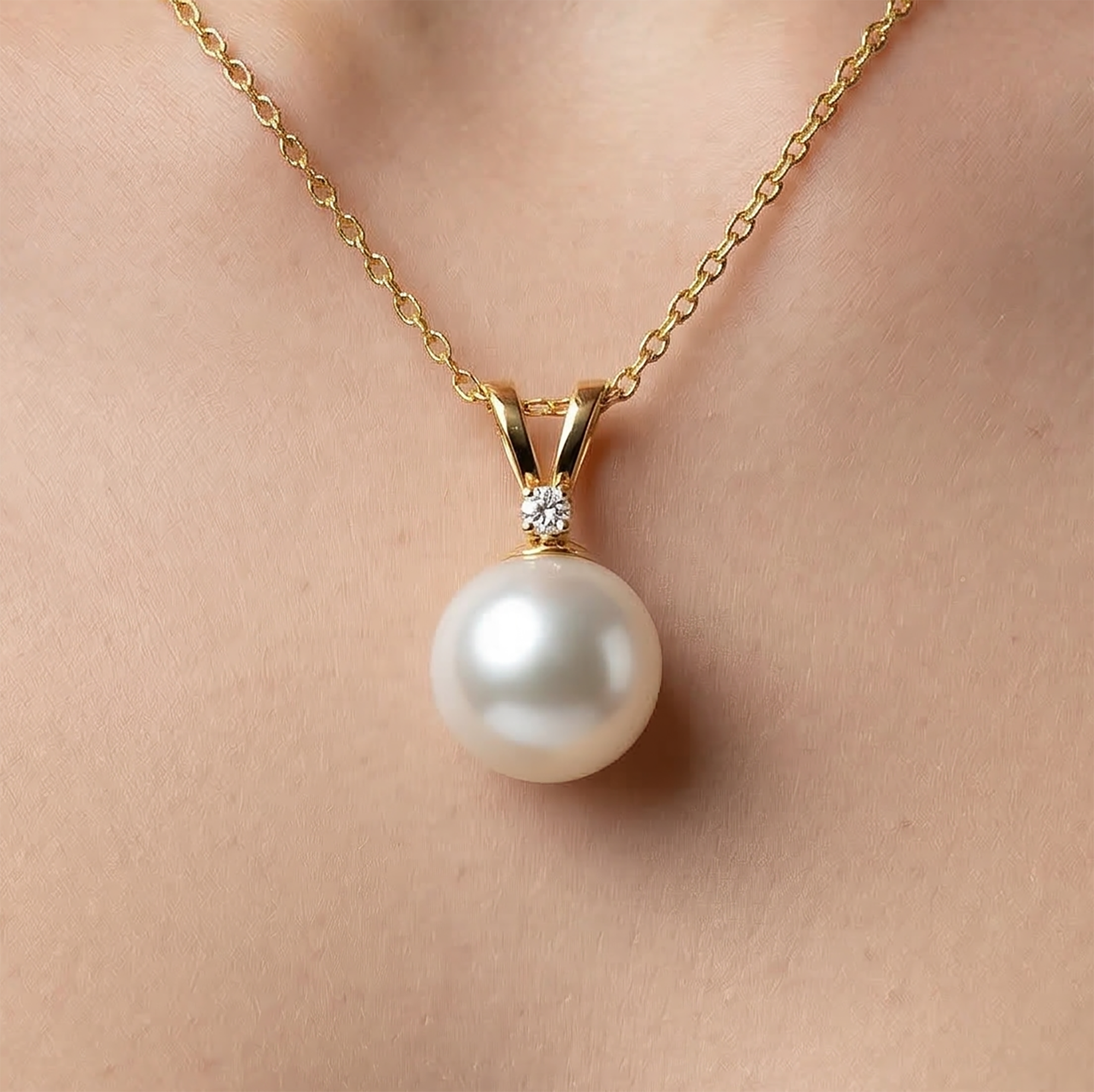 14K Gold Pearl Pendant Necklace, June Birthstone, Diamond Accent