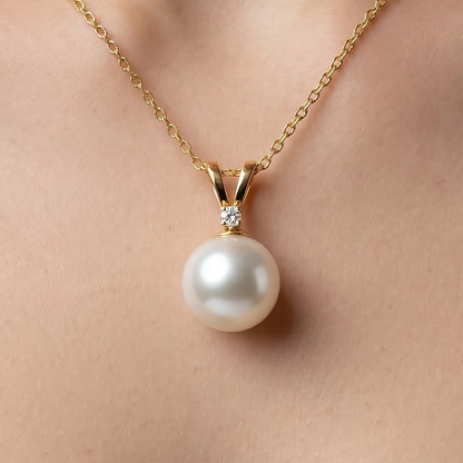 14K Gold Pearl Pendant Necklace, June Birthstone, Diamond Accent