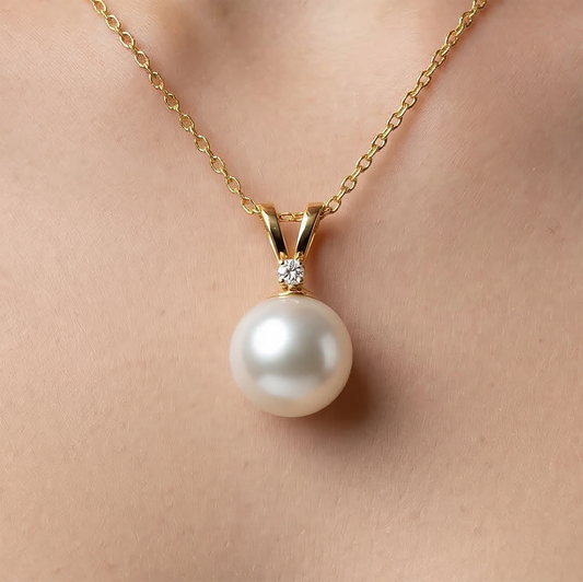 14K Gold Pearl Pendant Necklace, June Birthstone, Diamond Accent