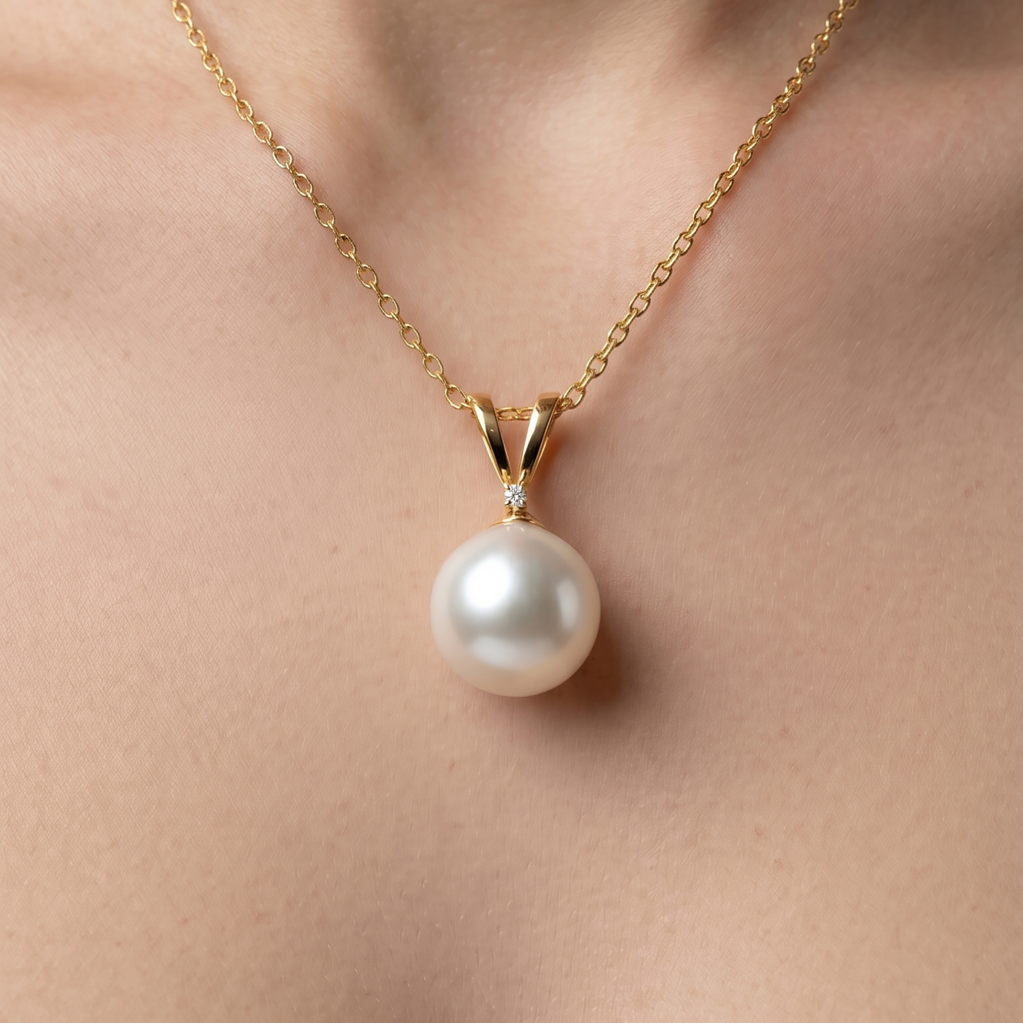 14K Gold Pearl Pendant Necklace, June Birthstone, Diamond Accent