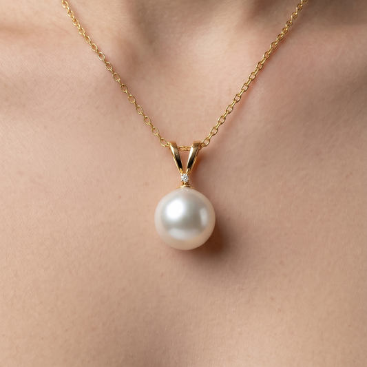 14K Gold Pearl Pendant Necklace, June Birthstone, Diamond Accent