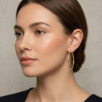 10K Yellow Gold Hoop Earrings, 45mm Textured Circle Hoops