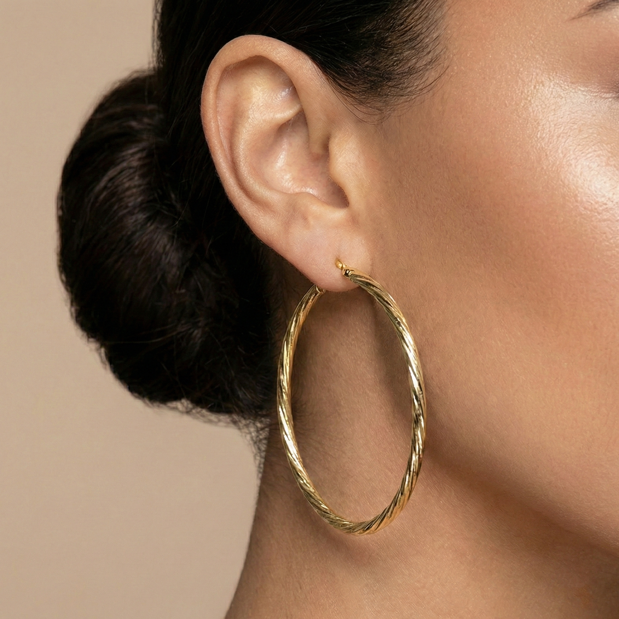 10K Yellow Gold Hoop Earrings, 45mm Textured Circle Hoops