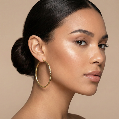 10K Yellow Gold Hoop Earrings, 45mm Textured Circle Hoops