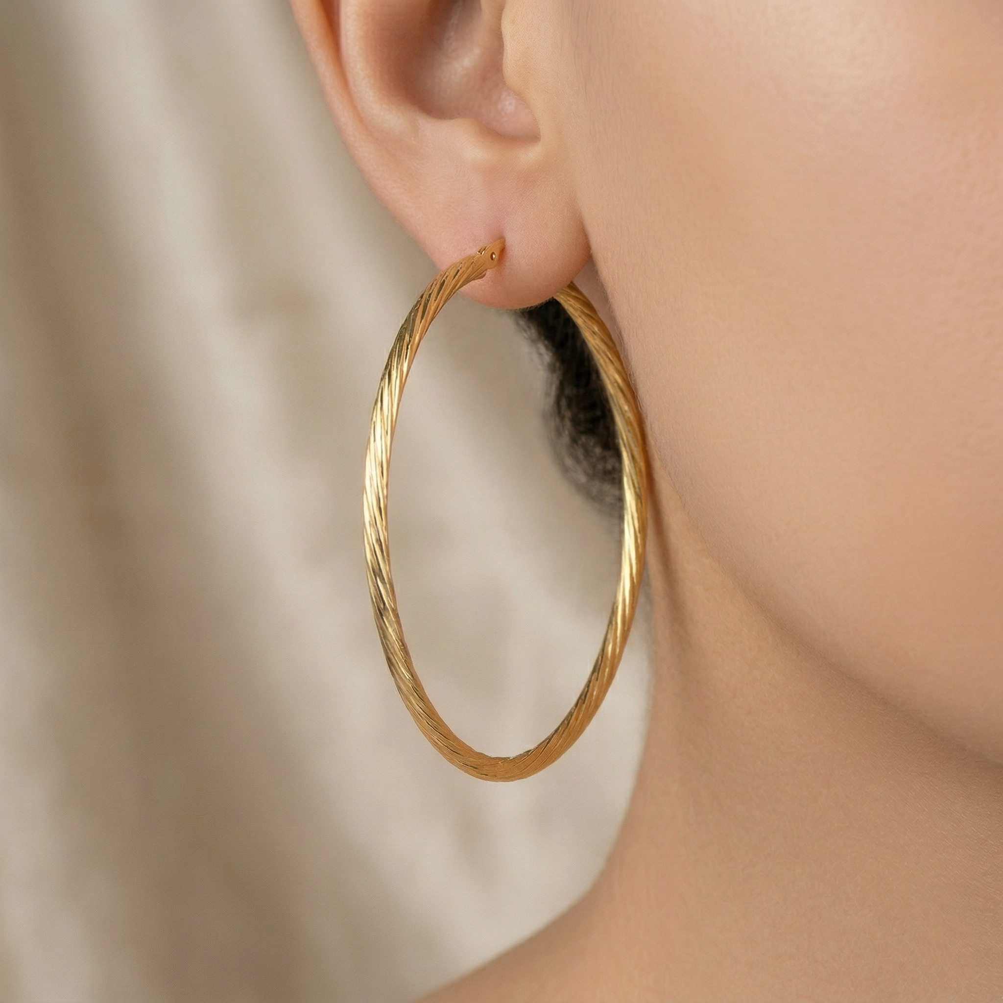 10K Yellow Gold Hoop Earrings, 45mm Textured Circle Hoops