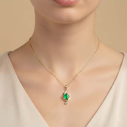 10K Yellow Gold Emerald 7x5mm Pendant Necklace, Natural Diamond Accent