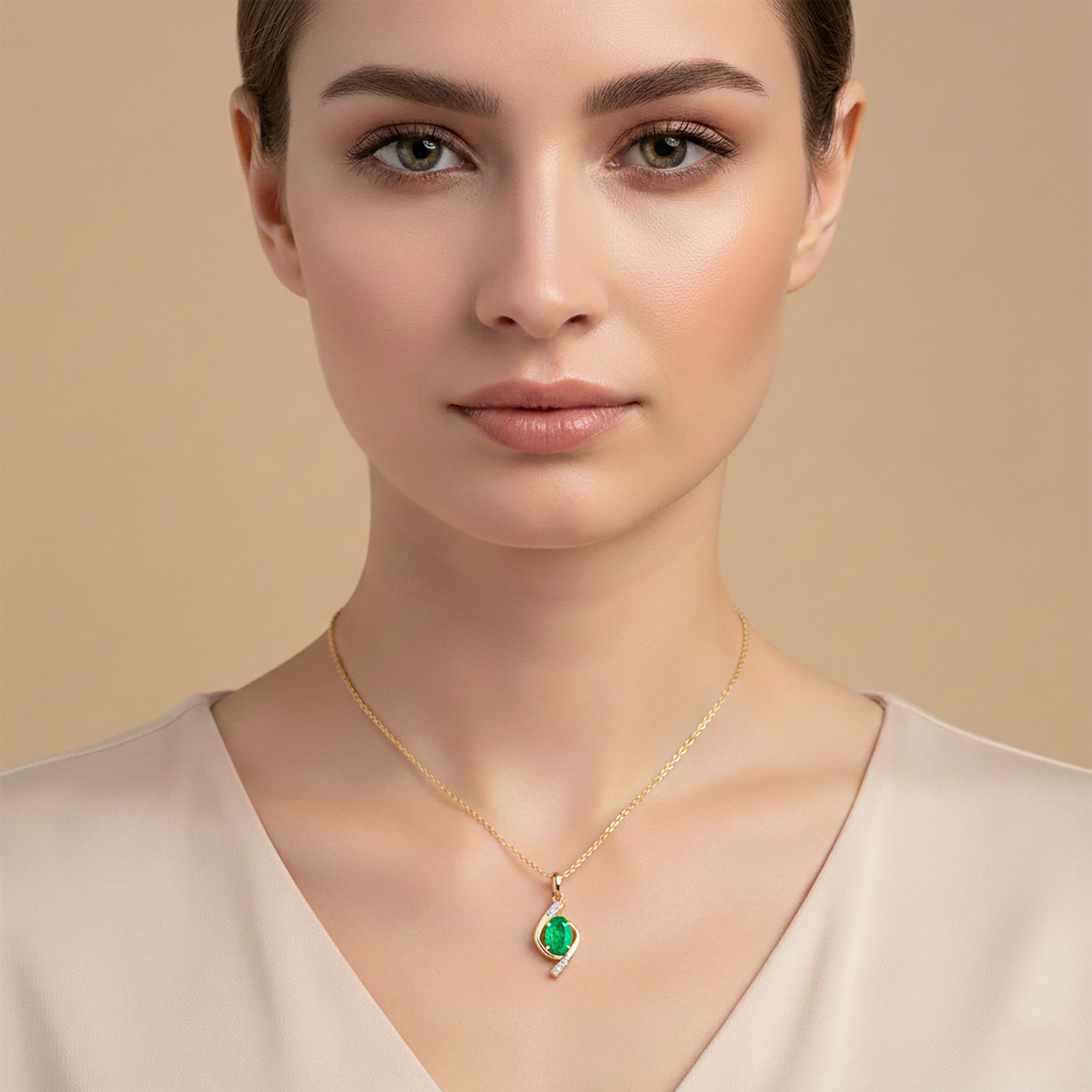 10K Yellow Gold Emerald 7x5mm Pendant Necklace, Natural Diamond Accent
