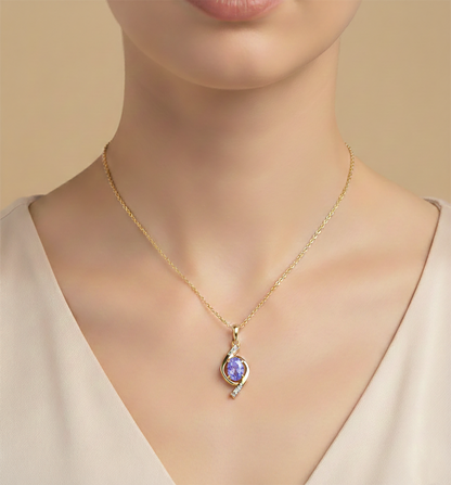 10K Yellow Gold Tanzanite 7x5mm Pendant Necklace, Diamond Accent, December Birthstone