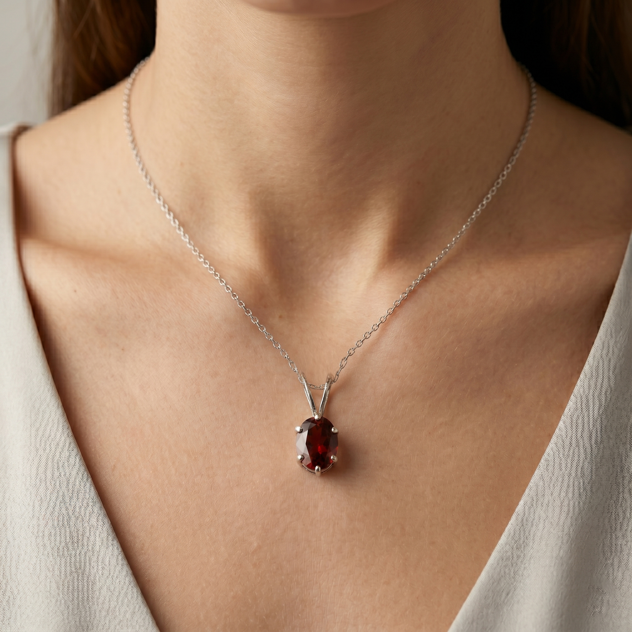 10K White Gold Garnet 8x6mm Pendant, January Birthstone