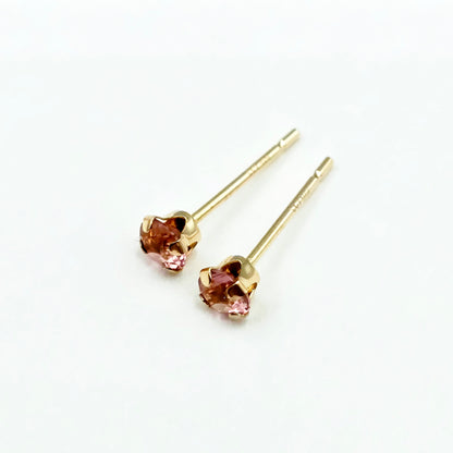 14K Gold Tourmaline 3x3mm Stud Earrings: Minimalist Pink Stone 3mm