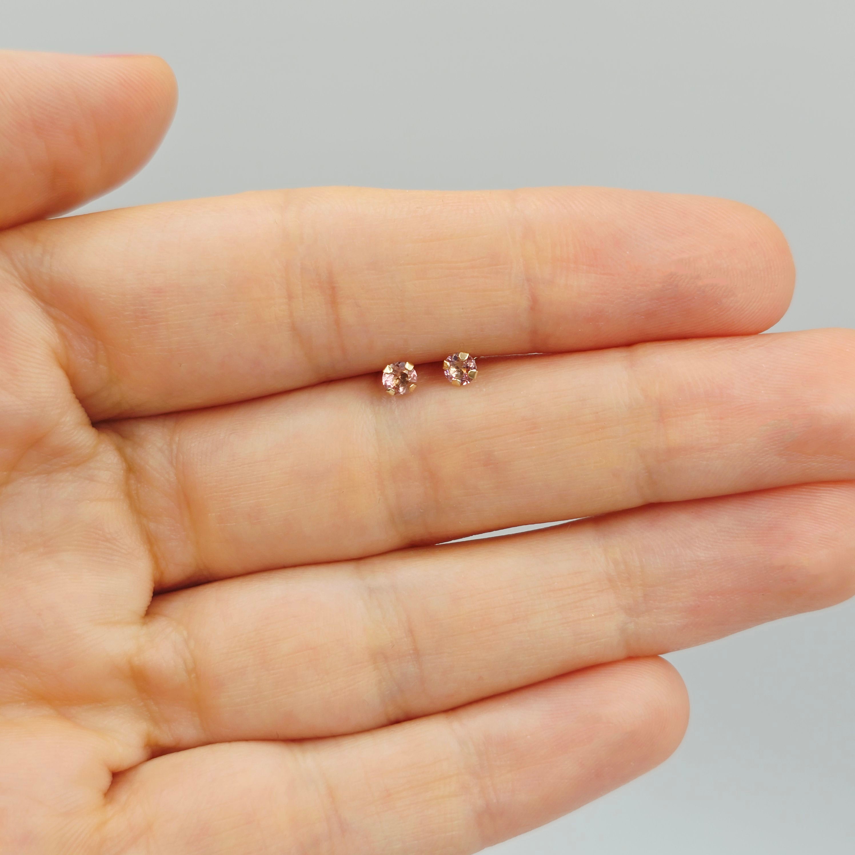 14K Gold Tourmaline 3x3mm Stud Earrings: Minimalist Pink Stone 3mm