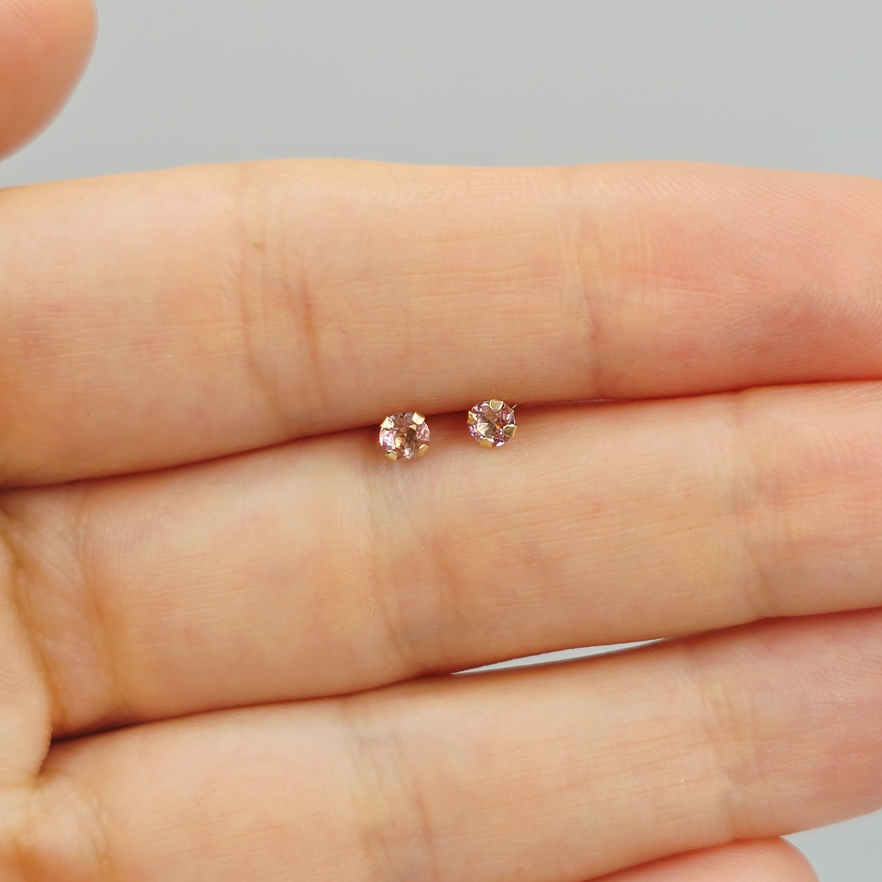 14K Gold Tourmaline 3x3mm Stud Earrings: Minimalist Pink Stone 3mm