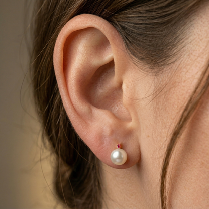 14K Gold Pearl and Ruby Stud Earrings, June Birthstone