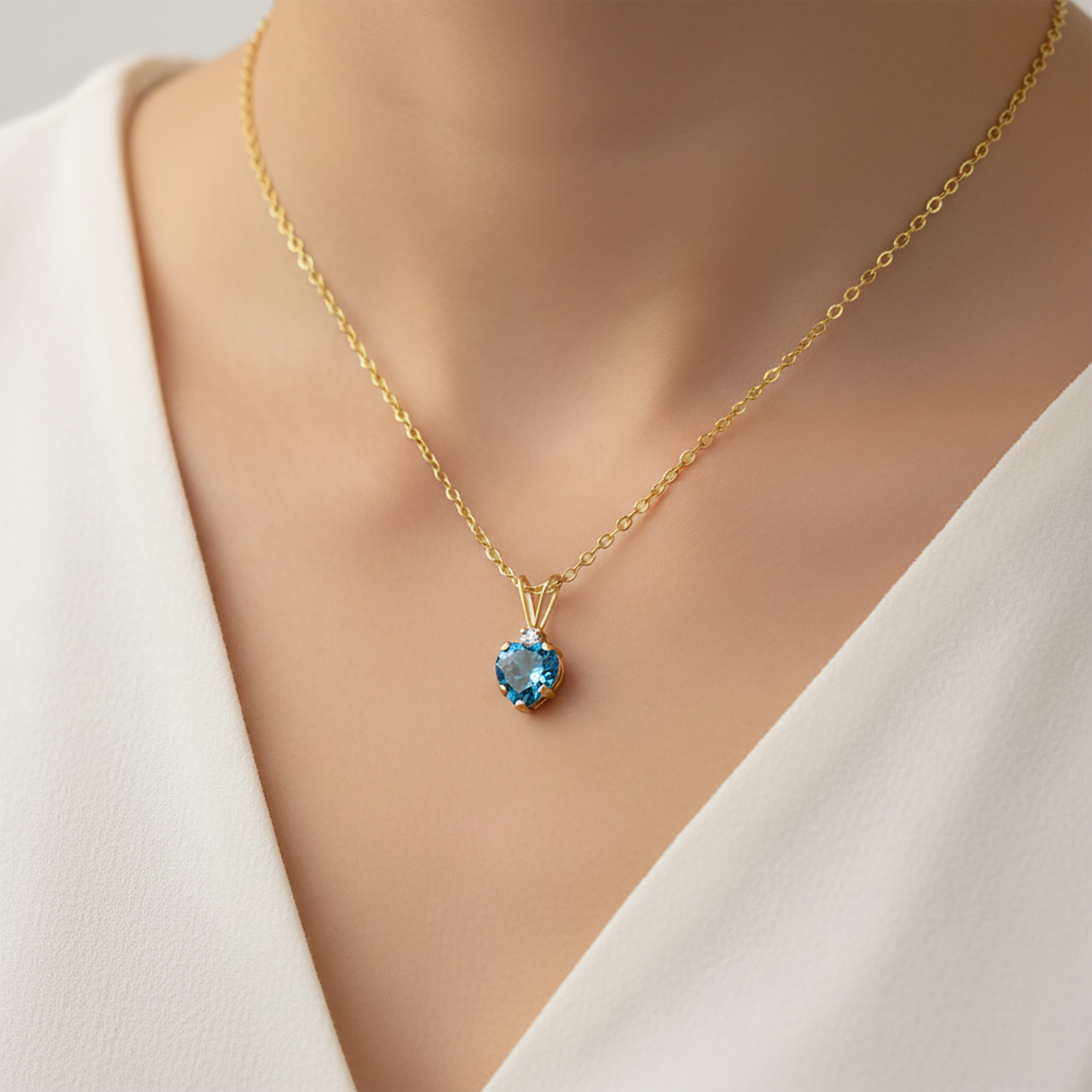 10K Gold Blue Topaz Heart Pendant with Moonstone, Handmade Necklace, 6x6mm Genuine Topaz Jewelry