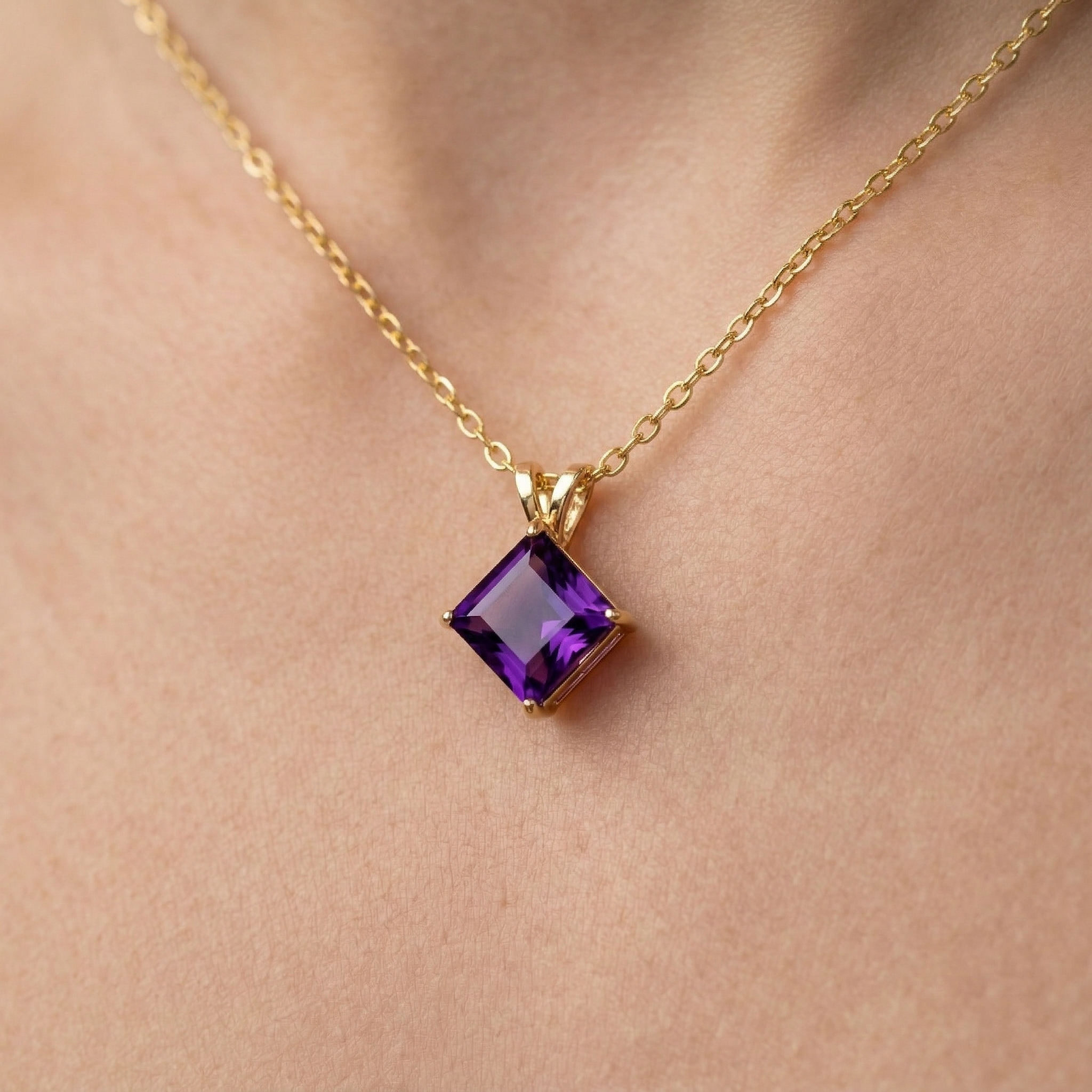 10K Gold Amethyst Pendant Necklace, February Birthstone 6x6mm, Handmade