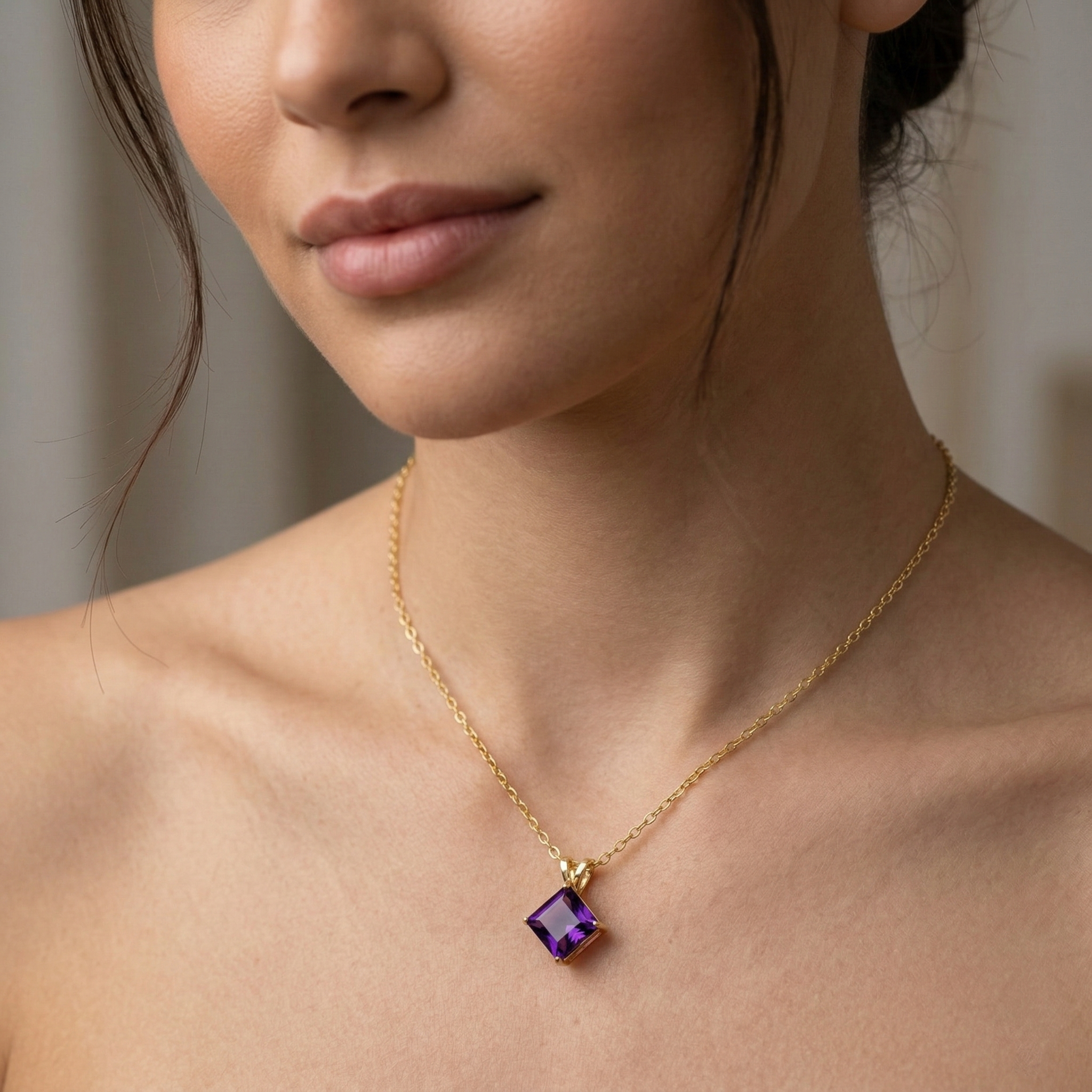 10K Gold Amethyst Pendant Necklace, February Birthstone 6x6mm, Handmade