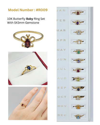 10K Yellow Gold Butterfly Baby Ring With 5x3mm Oval Genuine Gemstone, Ring For Baby, Gift For Baby, Kids Gemstone Ring, Child Gold Ring