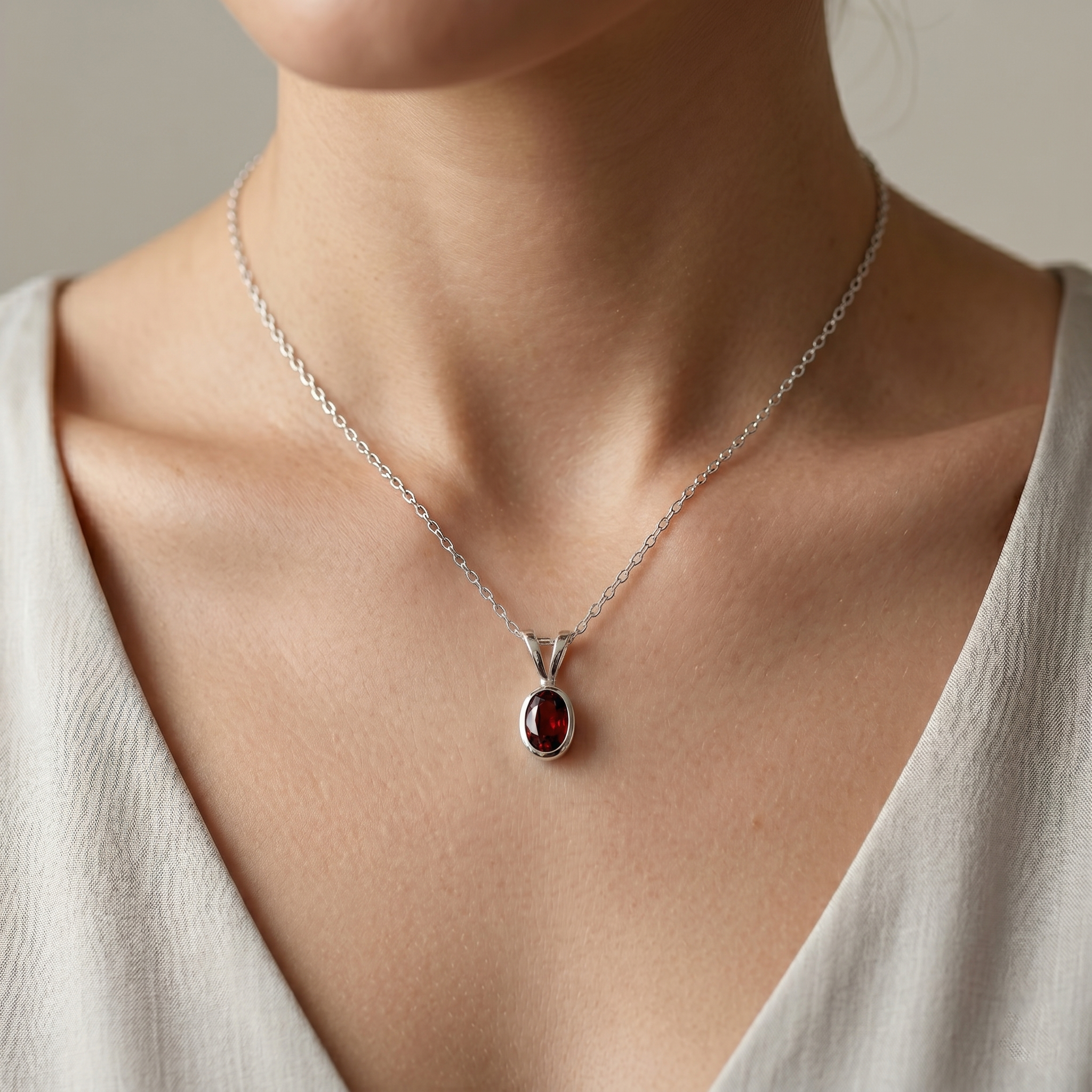 14K White Gold Garnet Pendant, Natural Garnet Necklace, January Birthstone Pendant, Oval Garnet Bezel Pendant, Minimalist Gemstone Jewelry