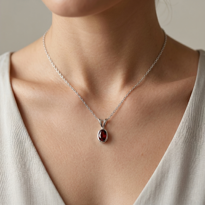 14K White Gold Garnet Pendant, Natural Garnet Necklace, January Birthstone Pendant, Oval Garnet Bezel Pendant, Minimalist Gemstone Jewelry