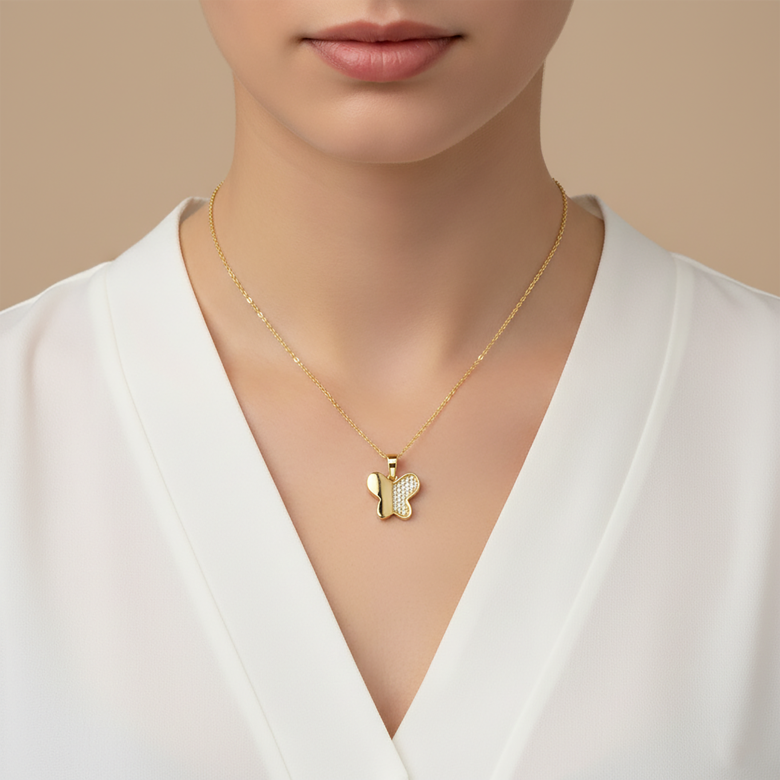 10K Yellow Gold Butterfly Pendant Necklace, Cubic Zirconia Accent
