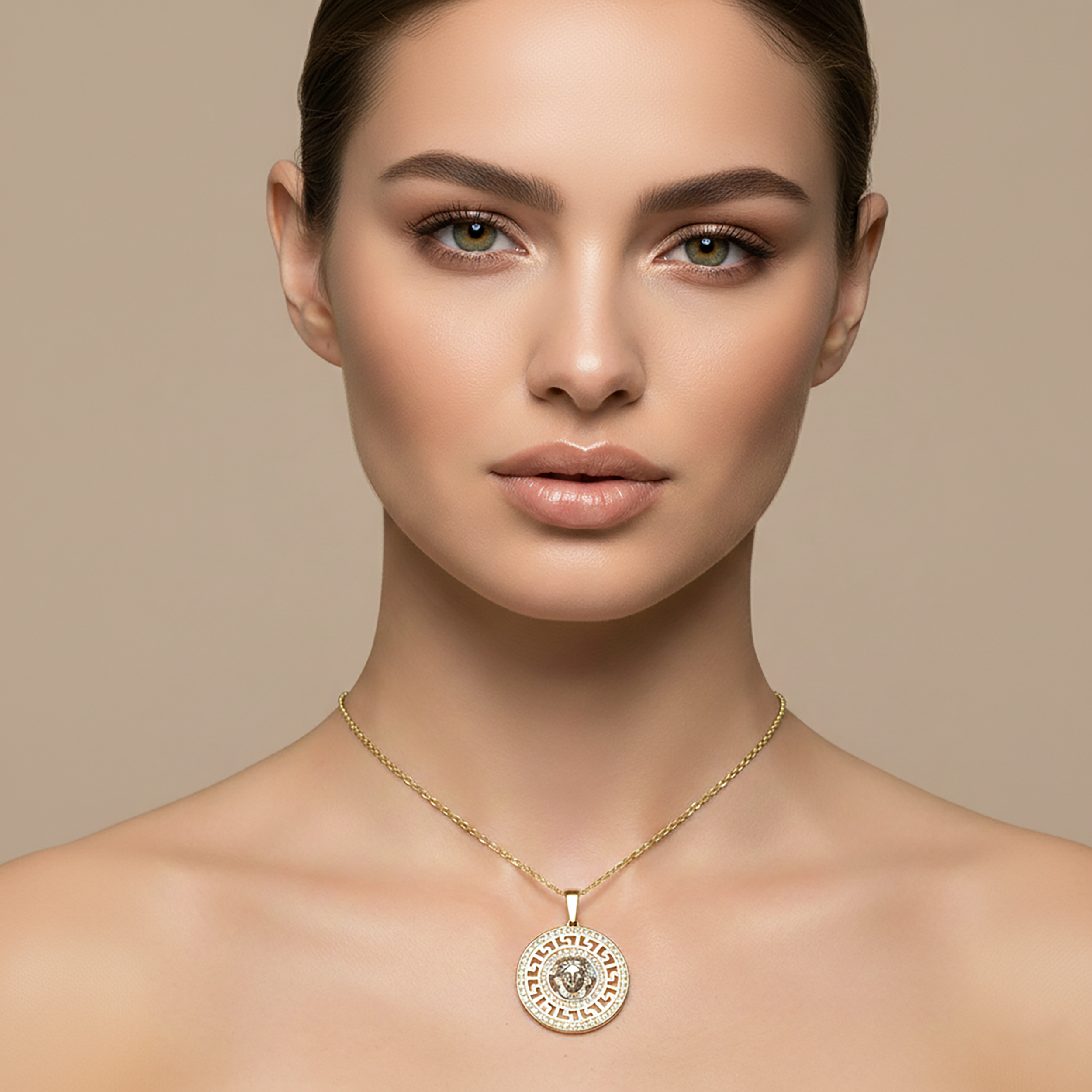10K Yellow Gold Medusa Pendant Necklace, Cubic Zirconia