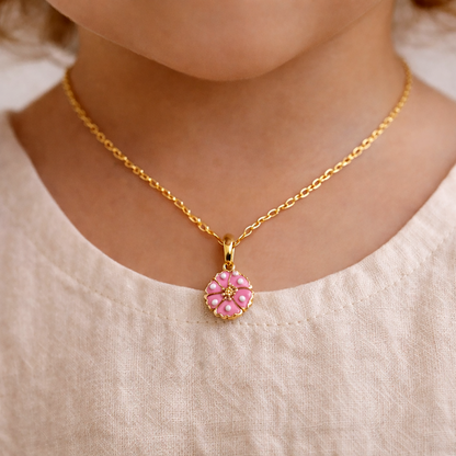 10K Yellow Gold Pink Flower Pendant Necklace, Dainty Floral Charm,  Gift For Newborn Baby