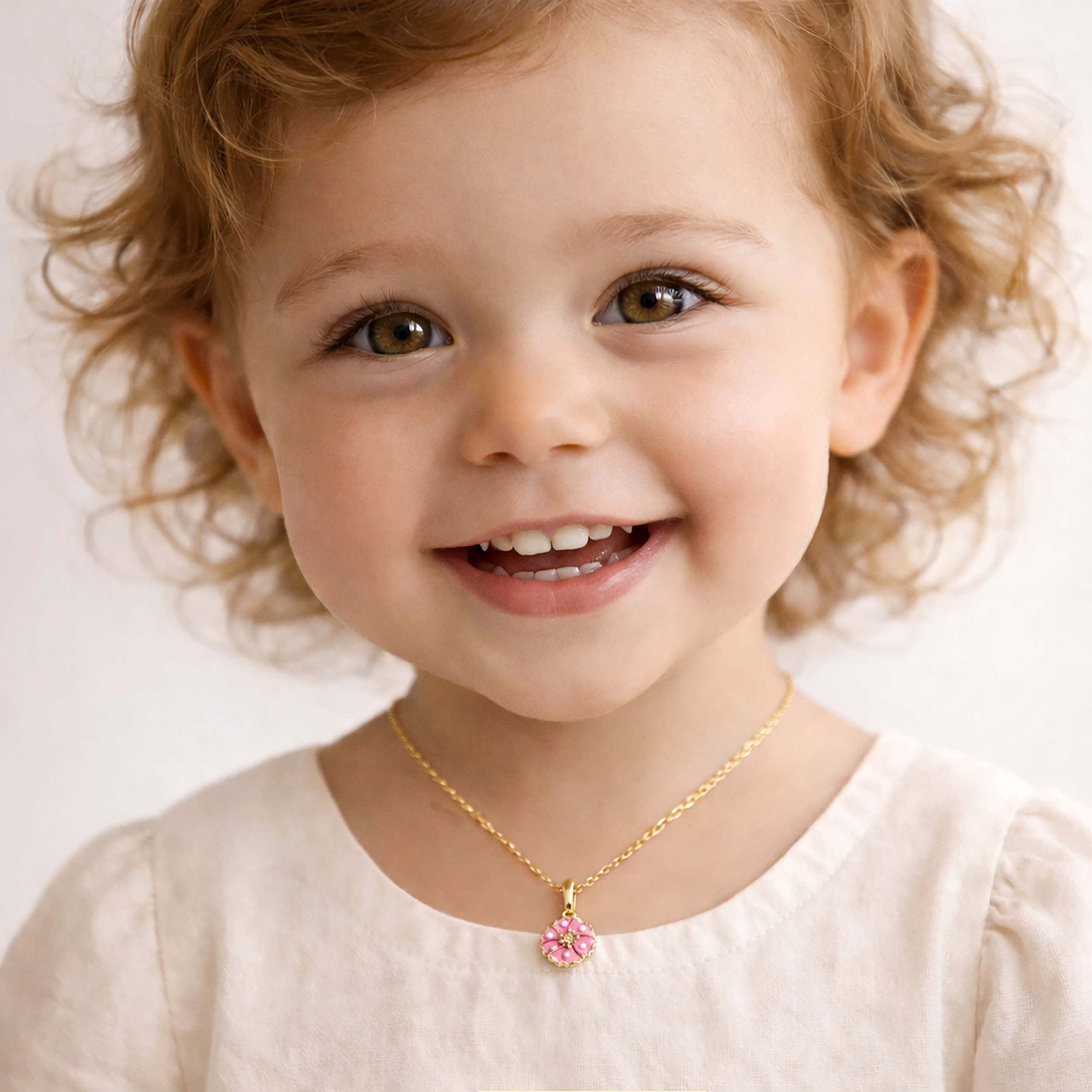 10K Yellow Gold Pink Flower Pendant Necklace, Dainty Floral Charm,  Gift For Newborn Baby