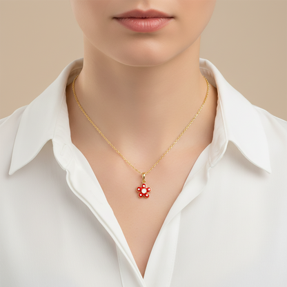 10K Yellow Gold Red Flower Pendant Necklace, Dainty Floral Jewelry, Gift For Baby