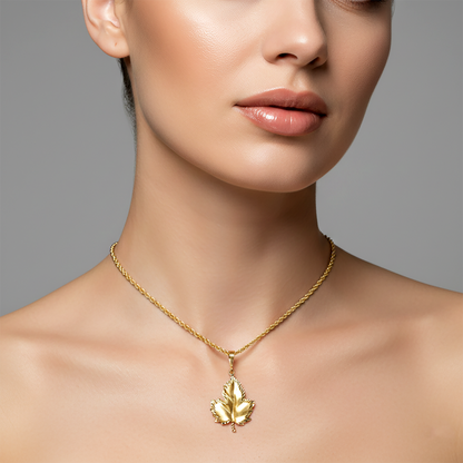 10K Yellow Gold Maple Leaf Pendant Necklace, Unisex Canada Jewelry