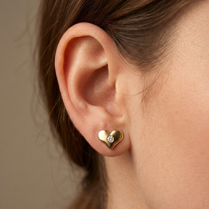 10K Yellow Gold Heart Stud Earrings with CZ, Everyday Jewelry