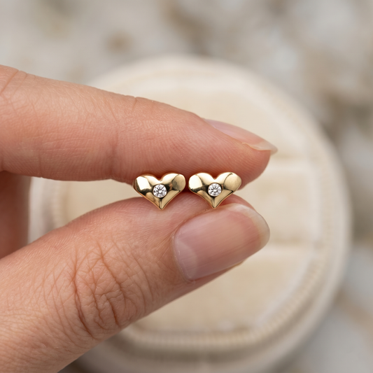 10K Yellow Gold Heart Stud Earrings with CZ, Everyday Jewelry