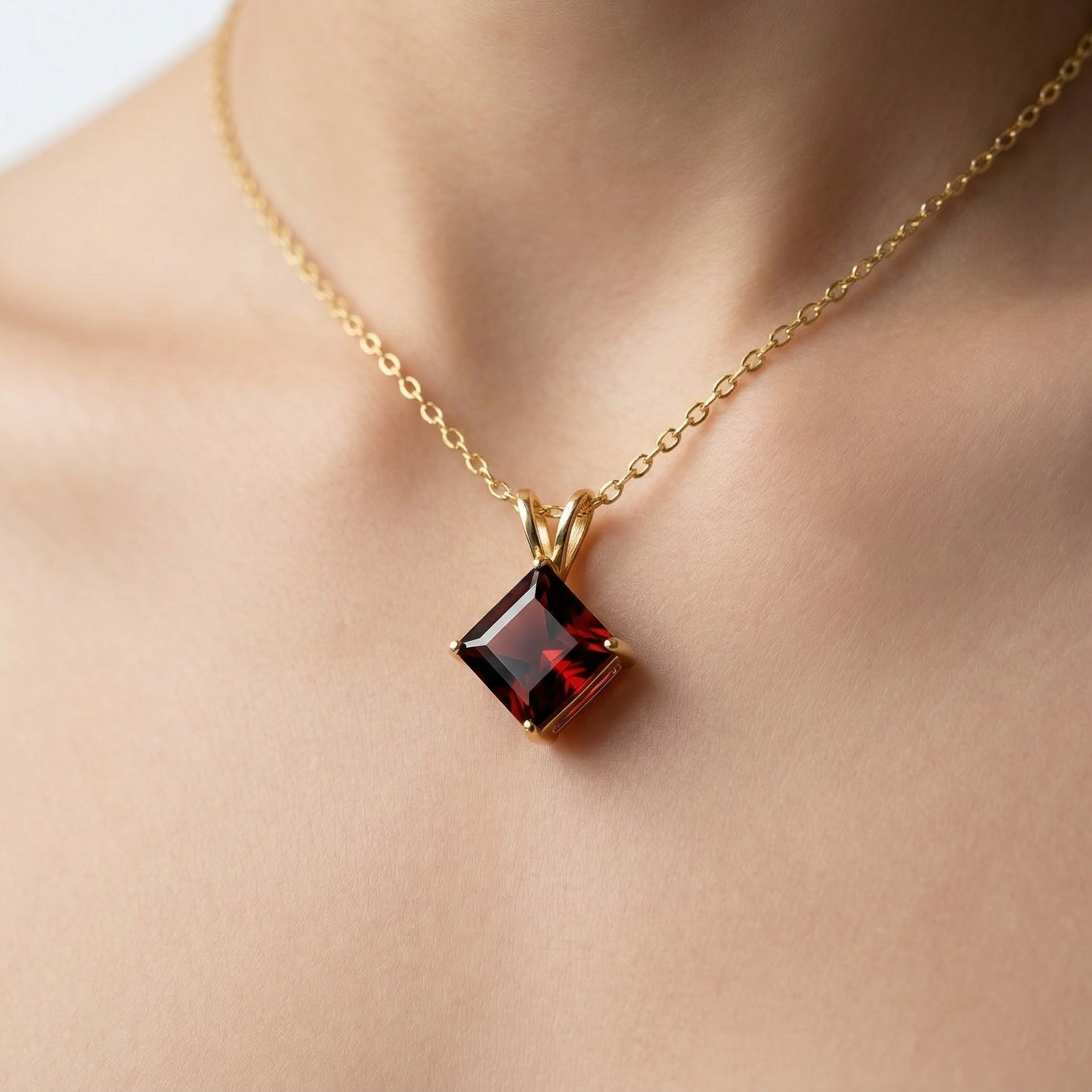 10K Yellow Gold Garnet Pendant Necklace, January Birthstone 6x6mm