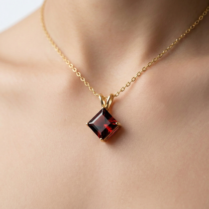 10K Yellow Gold Garnet Pendant Necklace, January Birthstone 6x6mm
