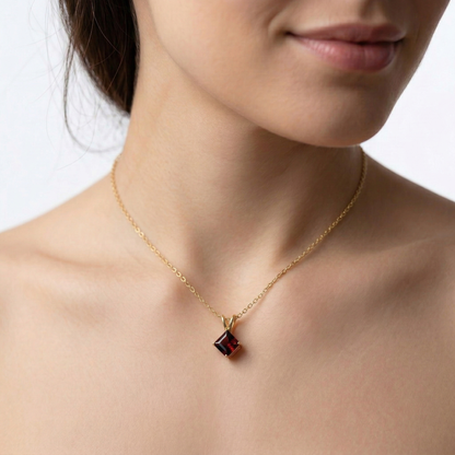 10K Yellow Gold Garnet Pendant Necklace, January Birthstone 6x6mm