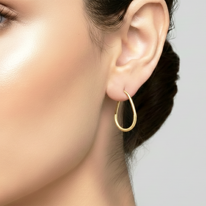 10K Yellow Gold Textured Oval Hoop Earrings , Classic Everyday Gold Hoops