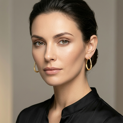 10K Yellow Gold Textured Oval Hoop Earrings , Classic Everyday Gold Hoops
