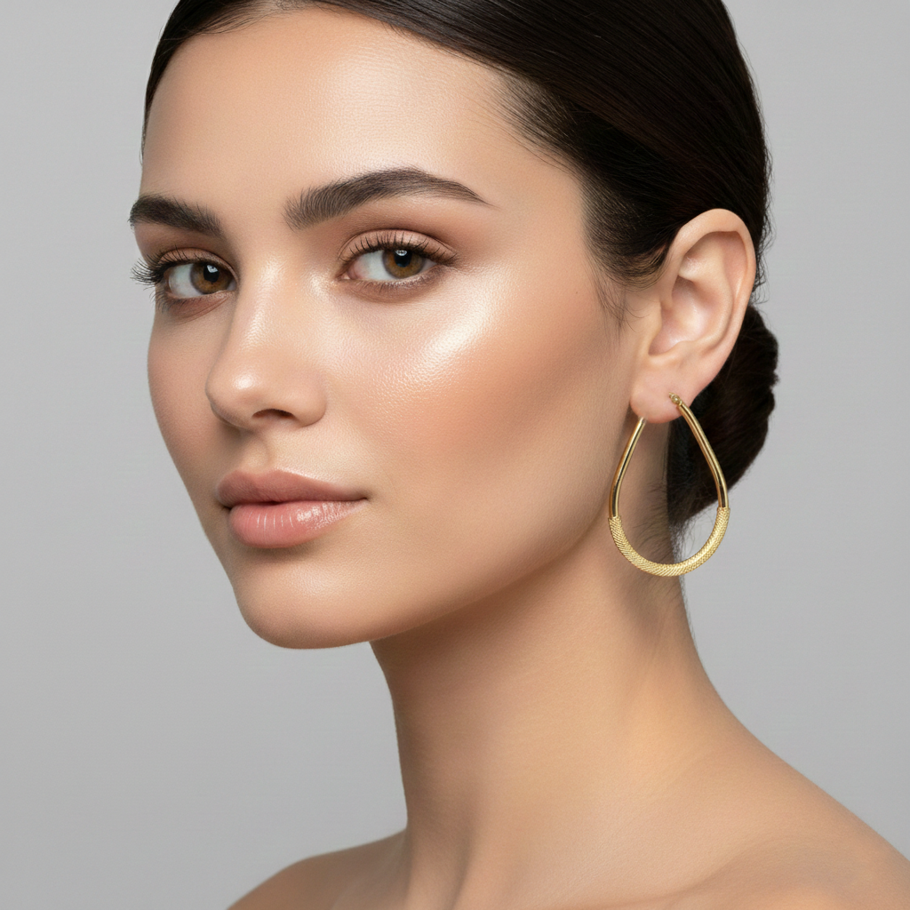 Gold Hoop Women's Earrings, 10K Yellow Gold Circle Earrings , Hoop Earrings With Mesh Pattern Centre